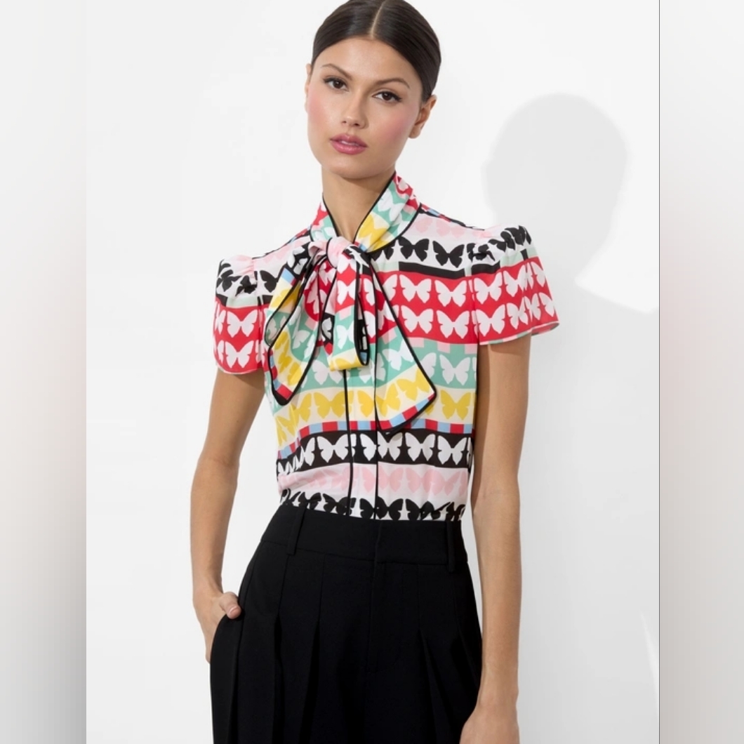 Alice + Olivia Jeannie Piped Bow Multicolor Butterfly Blouse Size 14